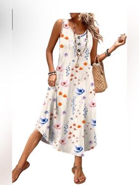 WIHOLL Summer Dresses for Women 2026 Button Front Sleeveless Casual Midi Dress B